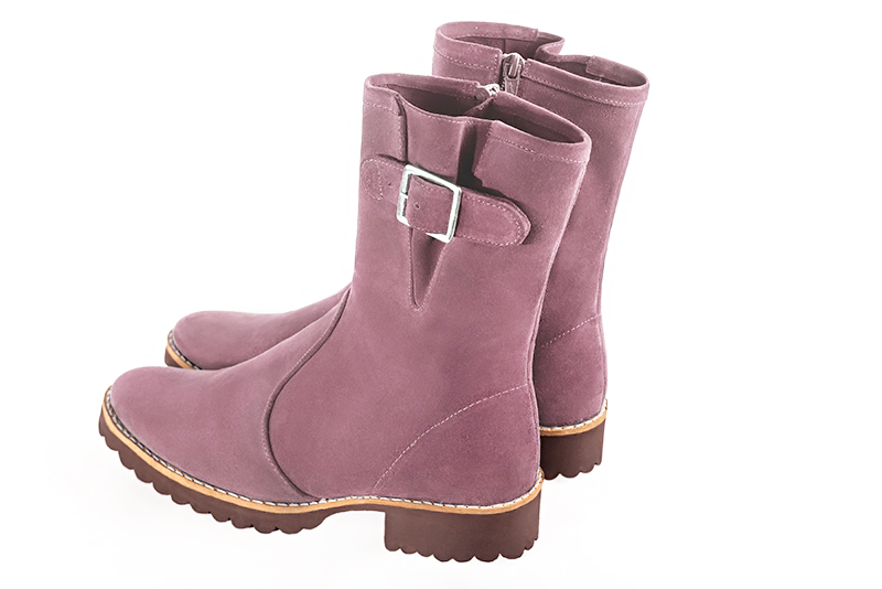 Dusty rose pink women's ankle boots with buckles on the sides. Round toe. Flat rubber soles. Rear view - Florence KOOIJMAN